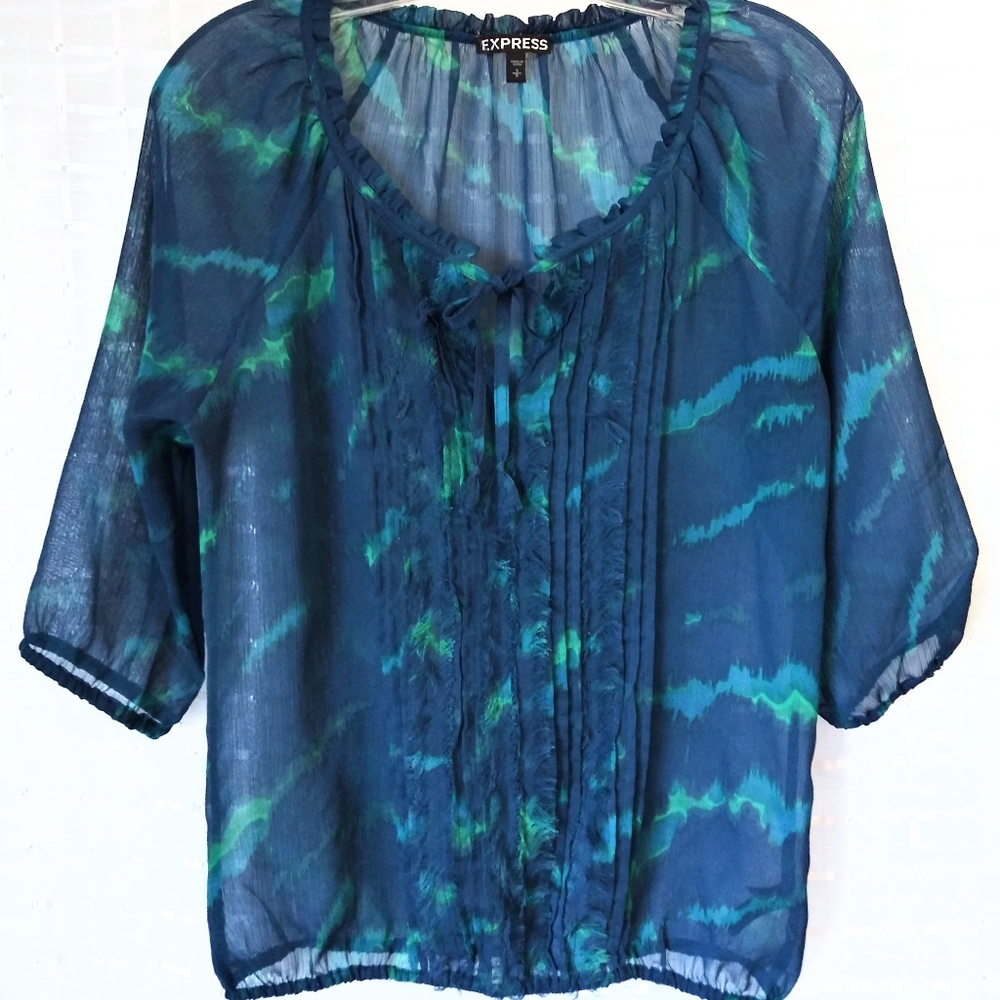 Express Sheer Top, 3/4 Sleeves, Blue-Green, Small